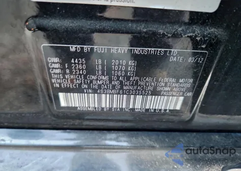 2012 Subaru Legacy 2.5I Premium z USA, uszkodzony, nr VIN 4S3BMBF61C3035525